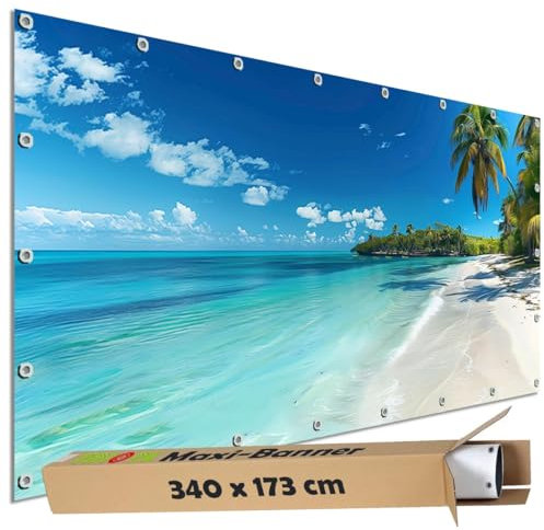 TRIOSK Sichtschutz Garten Dekoration Plane groß mit Motiv Strand Südsee Paradies Meer Motivbanner Blickdicht für Terrasse Zaun Gartenzaun Gartenposter PVC Zaunblende 340x173 cm