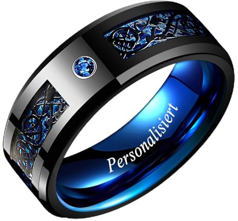 NUNCAD Personalisierte Ring Herren Schwarz Keltisch Verlobungsring Blau Drachen Wolfram Ring mit Graviert für Männer Frauen Hochzeitsring 8mm