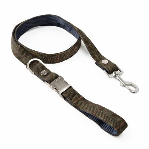 HUGO & HUDSON x HACKETT Tweed Dog Lead Padded Handle, Dark Green Checked Herringbone, 120 x 2.5cm
