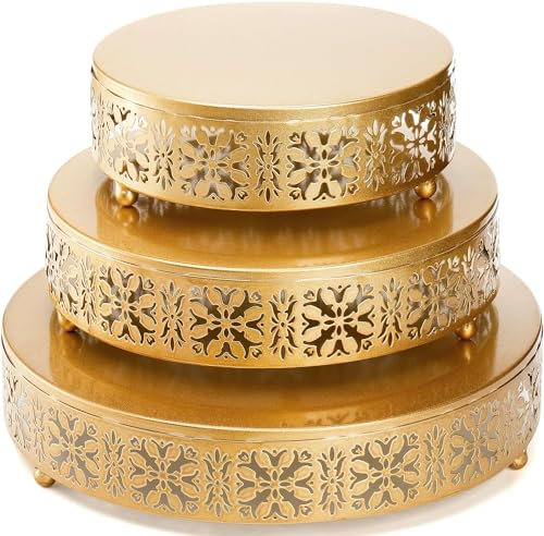 MEETOZ 3 Pieces Golden Cake Stand Set, Round Metal Cake Stands, Dessert Stands, Cupcake Display Stands for Wedding, Birthday, Party, Anniversary, Floral Pattern