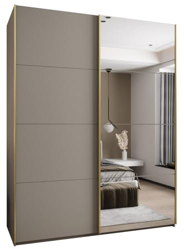 MEBLE KRYSPOL LUX 3 Eleganter 2-türiger Schwebetürenschrank mit Spiegel an der Tür - Leise schließend - HETTICH Topline L System - 245,5x190x64cm - Kaschmir, Kaschmir, Gold