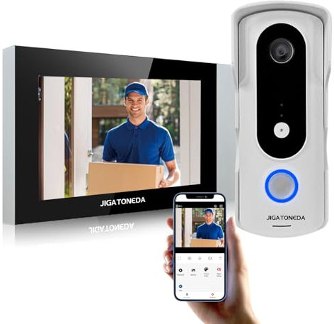 JIGATONEDA Sonnette vidéo avec écran, Sonnette de Connexion WiFi avec interphone, capteur de Mouvement pour la sécurité de la Porte d'entrée, résistant aux intempéries IP65