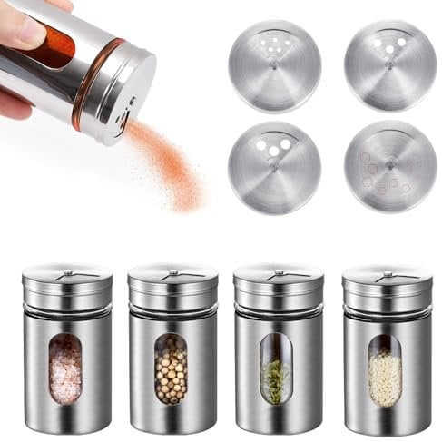 Gewürzdosen,4 Stück Gewürzstreuer Edelstahl,Gewürzstreuer Glas,Gewürzdose,Gewürzgläser mit Streueinsatz,Gewürzbehälter für Gewürze Küchenutensilien,Mit Sichtfenster und 3 Verschiedenen Lochgrößen,80ml