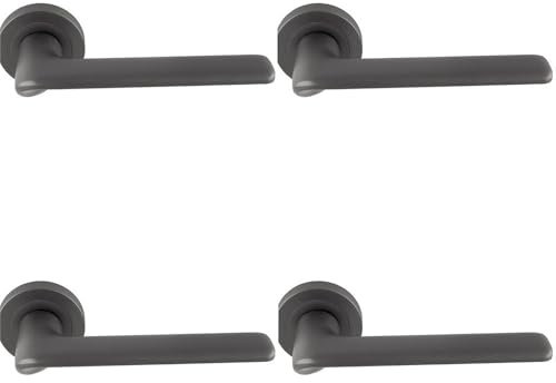 4 Pack - Contemporary Flat Door Handle Set - Anthracite Grey Smooth Lever on Round Rose