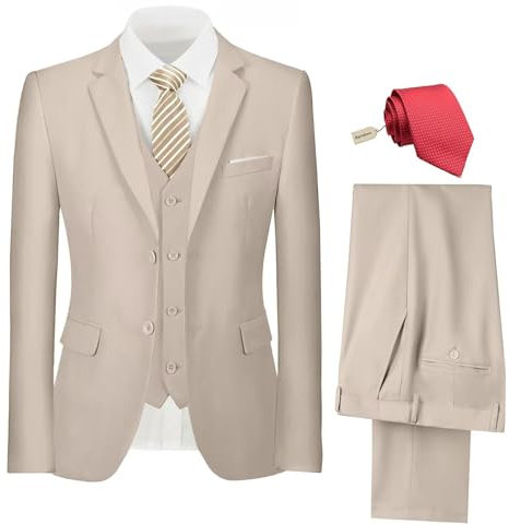 Ensemble 3 pièces pour homme - Coupe ajustée - Costume de marié - Deux boutons - Veste solide - Gilet et pantalon avec cravate, Champagne clair, Taille XL