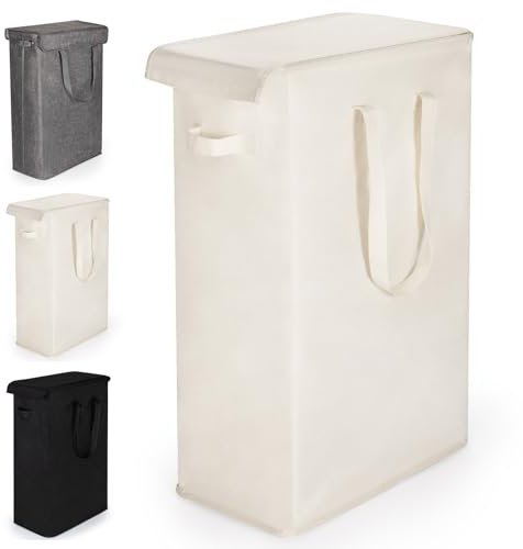 Rieeyrslza Cesta de Lavandería Estrecha con Manija Larga 55L Tela Oxford Cesto para la Colada Delgada con Tapa y Asas Cesta de Ropa Sucia Plegable Cesta de Almacenamiento, para Dormitorios(Beige)