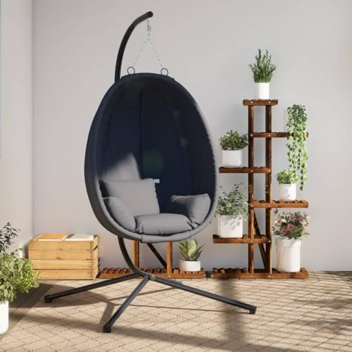 Willood Hängesessel mit Gestell Ei-Design Schaukel Indoor oder Outdoor Sessel mit Kissen + Rückenkissen Anthrazit Stoff und Stahl