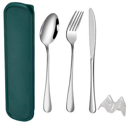 QZLSAYSLSet di Posate Acciaio Inox, 5 Pezzi, Posate da Viaggio in Argento con Cucchiaio Forchetta Coltello, Finitura Lucida Lavabili in Lavastoviglie (Verde profondo)