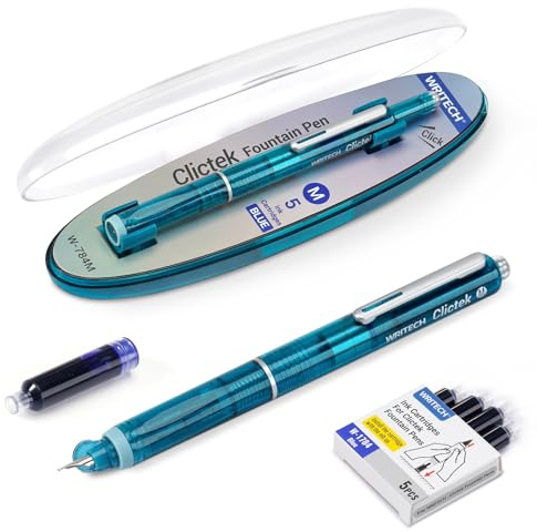 WRITECH Clictek Fountain Pen Set: Retractable Style Blue Ink Medium Nib Transparent Barrel, Includes 5 Ink Cartridges for Gift Set, Smooth Writing No Leaking