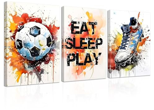 YunBey 3er Aquarell Fußball Poster mit Rahmen Fussball Bilder Kinderzimmer Jungen Sport Wandbilder für Wanddeko Jugendzimmer Kinderzimmer Wohnzimmer (30x40CM)