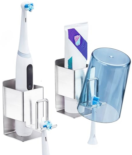 Zahnbürstenhalter Wand, 2 Stück Zahnputzbecherhalter Ohne Bohren, Elektrische Zahnbürsten Halterung, Selbstklebend Zahnbürstenkopf Halter Ohne Bohren Aufsteckbürsten Halter, Silber Toothbrush Holder
