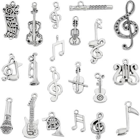 AHANDMAKER 100 Stück 20 Stile Musik Charms Charm Anhänger Mit Musiknoten Und Instrumenten Im Vintage Stil Antikes Silber Metall Für Die Herstellung von DIY Schmuck Halsketten Und Armbändern