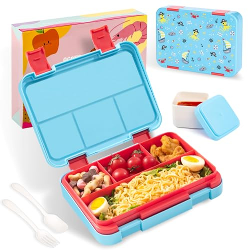 QCQHDU Brotdose Kinder mit 5 Fächern - Lunchbox mit Unterteilungen,1300ml Bento Box für Schule,Kindergarten,Outdoor | Leckdicht, Spülmaschinenfest, BPA-Frei,Essensdose mit Essbesteck