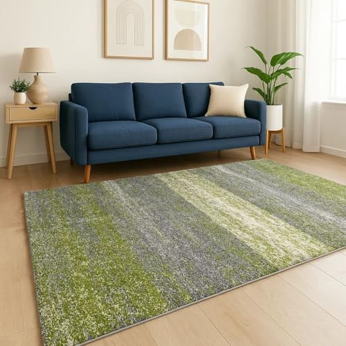 Green White Grey Stripe Pattern Shaggy Rug Soft Cushioned Fibres for Living Room Bedroom 80cm x 150cm (2ft 7 x 4ft 11)