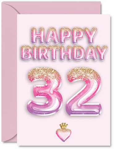 32nd Birthday Cards for Women and Men, Pink & Purple Glitter Balloons | Happy Birthday Card for 32 Year Old Man Woman Wife Brother Colleague Friend, A5 Bday Greeting Cards