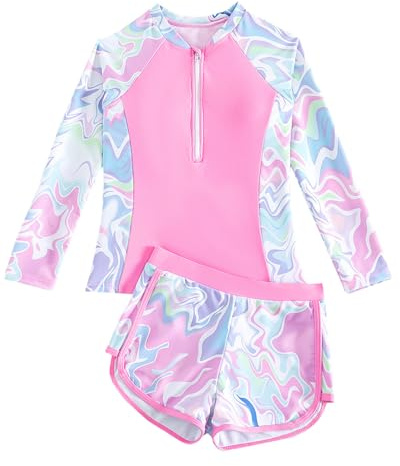 Girls Swimming Costume Rash Vest Padded Bras 8-13 Years, Long Sleeve Kid Tankini Swimsuit Two Pieces Swim Suit Tween Swimwear Top with Boyleg Short, Pink 11-12 Years