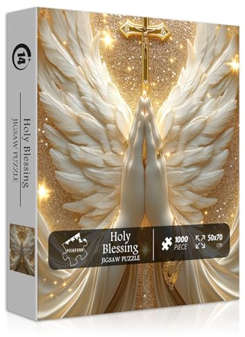 Christian Puzzles for Adults 1000 Pieces, White Angel Wings and Cross Religious Puzzles, Faith Spiritual Catholic Jigsaw Puzzle Jesus Holy Blessing, Christian Home Decor