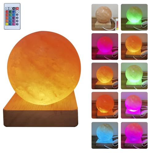 YZYOE USB Colour Gradient Himalayan Salt lamp, Solid Wood Base Atmosphere Decoration Rotundity Salt lamp with Remote Control, Natural Crystal Stone Bedside Night Light, Handmade Crafts.