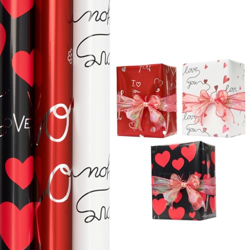 Juego de 3 rollos de papel de regalo de San Valentín, 43 cm x 3 m, papel de regalo de cumpleaños con forma de corazón, ideal para San Valentín, aniversarios, bodas, cumpleaños y despedidas de soltera