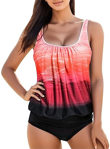 Tankini Damen Zweiteilig Bademode Bauchweg Set Push Up Bauch Weg Tankini Damen Freizeit Tankini Badeanzug Zweiteiler Tankinis Set Elegant Badeanzüge für Damen Tankini Oberteil mit Dreieck Unterhosen