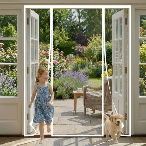 Moustiquaire Porte Fenetre 150x200cm Aimantée à Double Ouverture Latérale – Rideau Anti-Mouches et Moustiques avec Maille Très Dense, Idéal pour Porte de Balcon et Terrasse (Blanc)