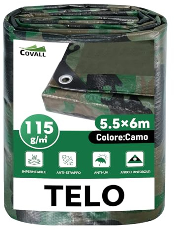 COVALL Telone Impermeabile Esterno Mimetico 5,5x6m 115g/mq – HDPE Rinforzato con Occhielli Anti-UV, Telo Copritutto Antipioggia e Antivento per Giardino, Campeggio, Caccia