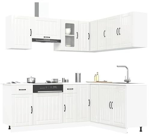 Fecpoo Lucca - Cocina americana de 11 piezas, color blanco brillante de madera con cristal, hasta 81,5 cm de altura, completa para cocina equipada