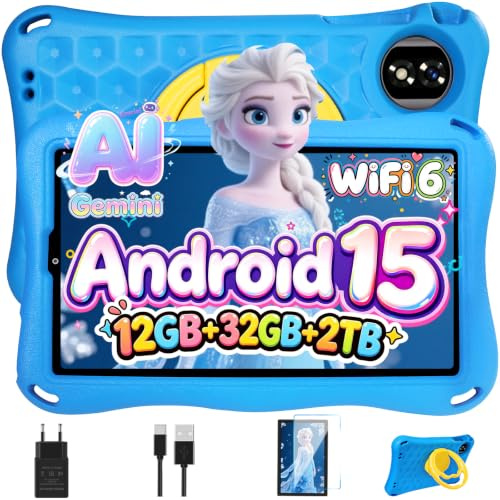 Tablette Enfants 9 Pouces Android 15 GMS,12Go RAM + 32Go ROM(TF 1 To), Octa-Core, Gemini AI Tablette Tactile, 5G WiFi 6, Widevine L1, 5000mAh,BT 5.0,Contrôle Parental Tablette avec EVA Cas-Bleu