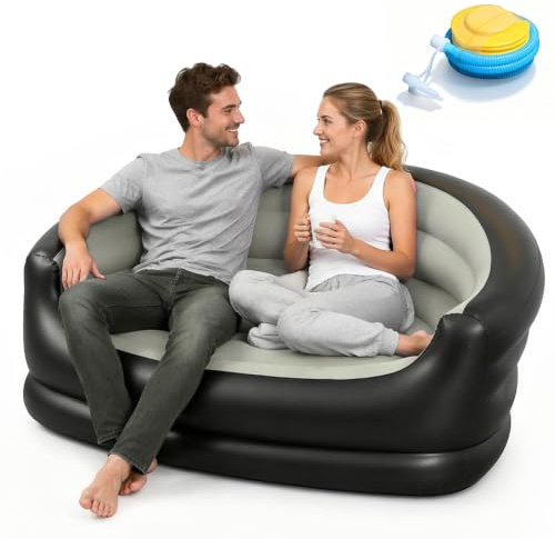 Zinueen Divano gonfiabile, divano gonfiabile da campeggio, 2 posti, con velluto, ergonomico, 150 kg massimo, 140 x 80 x 70 cm, grigio/nero, adesivo di riparazione incluso (nero)