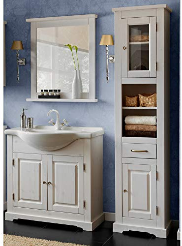 Lomadox Landhaus Badmöbel Set 3teilig Kiefer Massivholz weiß Gebleicht Hochschrank, 85cm Waschtischunterschrank inkl. Keramik Waschtisch