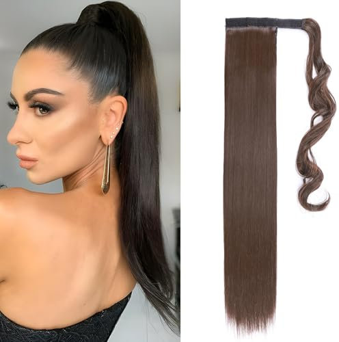 Silk-co Ponytail Extensions Pferdeschwanz, Haarverlängerung Haarteil Clip in Zopf Extensions Synthetische Haare Glatt Hair Extension 90g 58 cm Mittelbraun