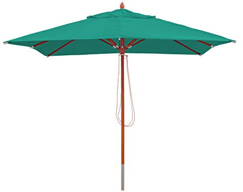 Mendler Gastronomie Holz-Sonnenschirm HWC-C57, Gartenschirm, Polyester/Holz 14kg, eckig 3x3m Seilzug stoßsicher - blau-grün