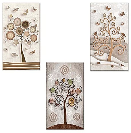 Lupia - Set 3 Quadri su Tela Canvas Day Tree 38x75 cm Albero della Vita, Stampa Vivida, Pronto da Appendere, Decorazione per Soggiorno, Capezzale Testiera Camera da Letto, Cucina, Ufficio