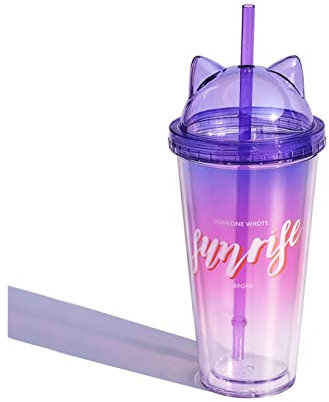 WKXCTS 420ml Cute Girl Cartoon Bottle Sippy Gradient Cat Ear Plastic Bottle Student Large Capacity Juice Drink Portable Bottle (Capacity : 420ml, Color : 3)