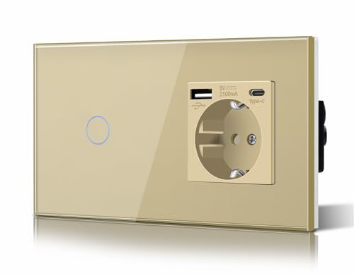 BSEED Schuko Interrupteur d'éclairage, prise, encastré, 1 compartiments, 2 voies, prise 3-en-1, puissance de charge USB 2,1 A, adaptateur de type C, station de charge, rallonge en verre, 157 mm, doré