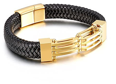 AMDXD Männer Armbänder Herren zum Gravieren, Lederarmband Gewebt Lederarmband für Herren Gold Handhandgelenk Kette Edelstahl mit Magnet Verschluss, Länge 21cm