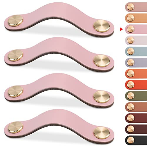 LEREATI 4pcs Leather Drawer Handles Drawer Knobs Kitchen Cupboard Handles, Leather Drawer Pulls for Cupboards, Wardrobe, Dresser, Closet (Pink, 128mm Hole Center)