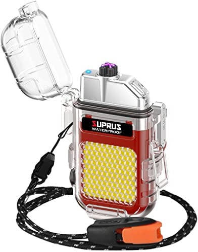 SUPRUS Waterproof Windproof Lighter Dual Arc Plasma Electric Lighters Rechargeable Lighter with Survival Emergency Whistle and Lanyard Red
