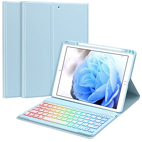 GOKOCO iPad 10.2 Inch Backlit Keyboard Case,Anti-slip Slim Protective Case with Pen Holder,Detachable Wireless Backlit UK Layout Keyboard Case for iPad 9th Gen(2021)/8th Gen(2020)/7th Gen(2019)-Blue