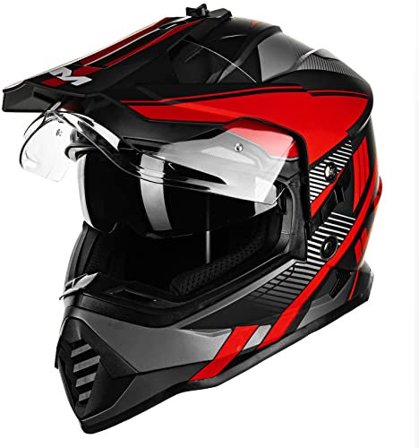 ILM Dual Sport Adventure Motocross Motorradhelm mit Pinlock kompatiblem Sonnenvisier ATV Dirt Bike Off Road Casco ECE Modell-WS902,Rot Schwarz, XL
