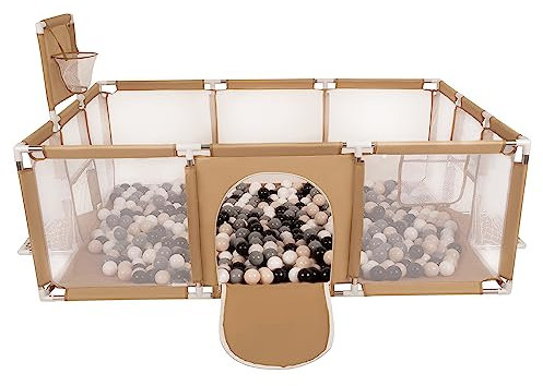 Selonis Laufstall Baby Großer Spielplatz Mit 400 Bälle Laufgitter Für Kinder, Beige:Pastellbeige/Grau/Weiß/Schwarz