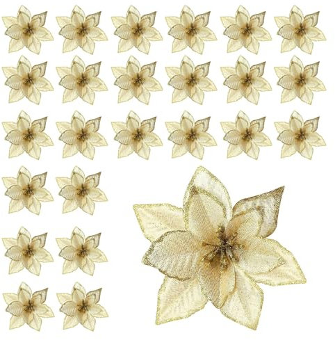 GEERDAN 24 Piezas Flores Poinsettia Brillante de Navidad, Flores Artificiales, Decoraciones para Árbol (Dorado)