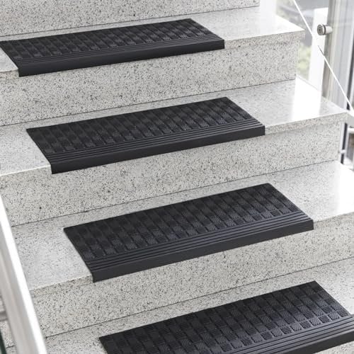 KARAT Stufenmatte aus Gummi - 5er Set - 30 x 120 cm - wetterfeste & Rutschhemmende Treppenstufen Matten - Gummistufenmatte für Außen - Treppenauflage - Antirutschmatte Diamond