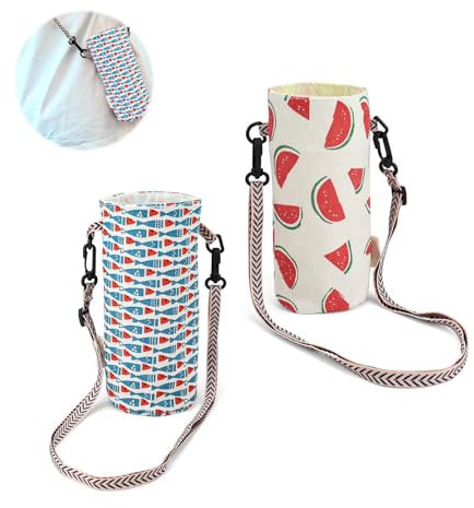 WJUAN 2 Pezzi Porta Borraccia, Tela di Cotone, Vari Colori, Porta Bottiglia Termico, Design Alla Moda, con Tracolla Regolabile, 18 × 12 cm, Porta Bottiglia D'acqua, per Viaggi, Campeggio