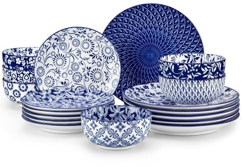 vancasso serie SELENE Vajillas Completas 6 Personas, Vajilla Modernas 18 Piezas de Porcelana Celadón - 6 Platos Llanos, 6 Platos de Postre y 6 Cuencos de Cereales - Estilo Chino en Azul y Blanco