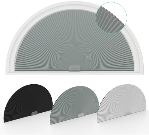 Changshade Bogen-Fensterschutz, Verdunkelung, Halbmond (Radius: 61 cm), verdunkelnd, plissiert, halbkreisförmig, ohne Bohren, für Fenster, einfach zu schneiden und zu installieren