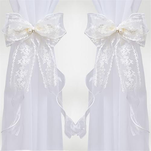 2 Stück Vorhang Raffhalter Mit Schleife, Doppelte Spitze Band Vorhang Krawatten, Vorhanghalter Raffhalter, Schlafzimmer Wohnzimmer Vorhang Krawatten (weiß)