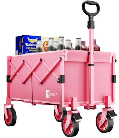 Sunula 220LBS Folding Camping Trolley, Heavy Duty 120L Large Capacity Garden Wagon Cart with All-Terrain Wheels, Lightweight Outdoor Utility Foldable Festival Trolley for Grocery, Shopping, Pink