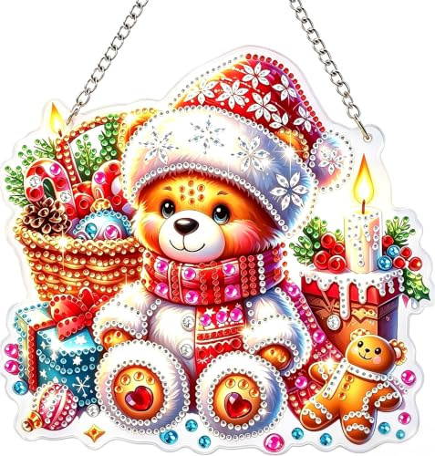 Bowetile Diamond Painting Anhänger Rentier mit Kerzen, Weihnachten Diamond Painting Fensterbilder für Erwachsene, Kinder Hängende Ornament Motive Bastelset für Wand Fenster Garten, Decor Geschenk