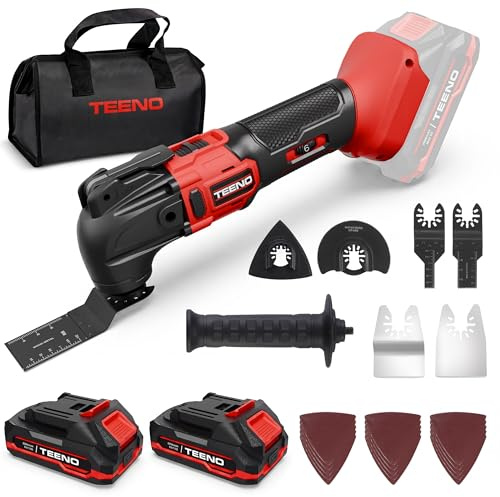 TEENO Cordless Oscillating Tool,Multifunction Oscillating Multi Tool with 20V 2.0Ah Lithium-Ion,8500-21000 RPM,6 Variable Speed,4° Oscillation Angle,for Sawing, Cutting, Sanding (Two Batteries)